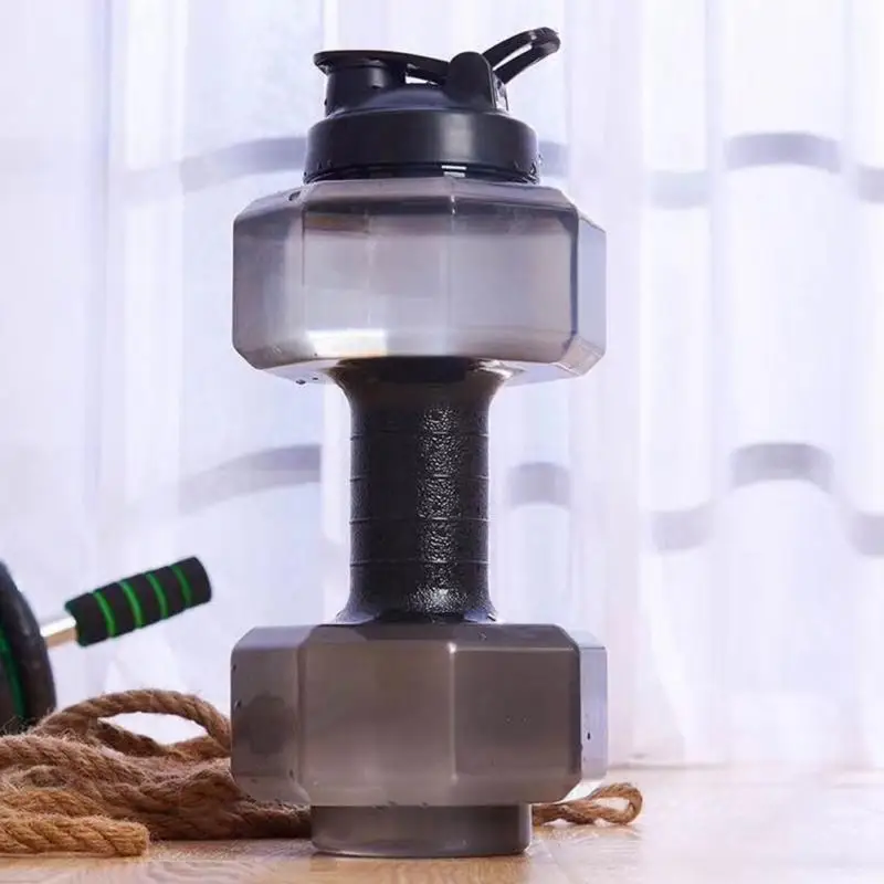 2.2L большая емкость многофункциональная форма гантели бутылка для воды Портативный Спорт Тренажерный зал Фитнес PETG push cap чайник для воды с ручкой - Цвет: Черный