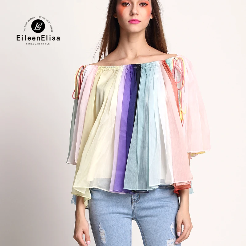 Runway Blouse 2017 Women High Quality Color Striped Blouses Luxury Slash Neck Blouses Top