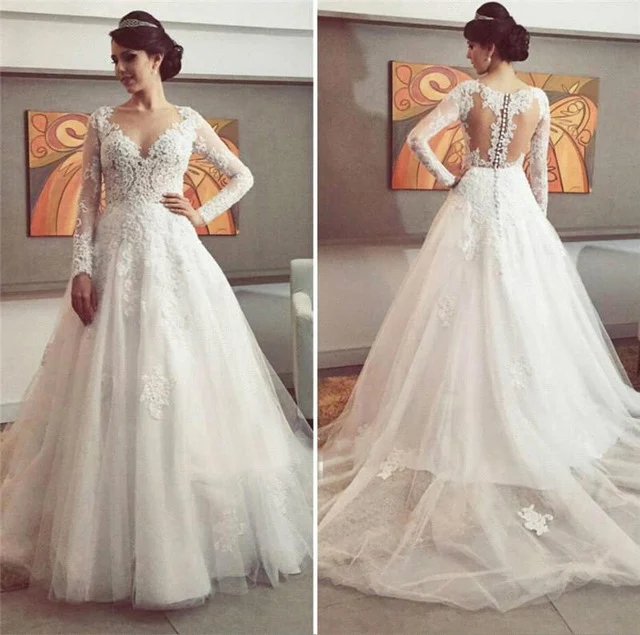 

Vestido De Noiva 2019 New Sexy A Line O Neck Long Sleeve Lace Wedding Dresses 2019 Buttons Back Bridal Gowns Robe De Mariage