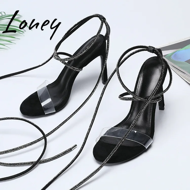 

Loney New Clear Transparent PVC Summer Sandals Open Toe Gladiator Lace Up Thin HIgh Heel Sandals Shoes Women