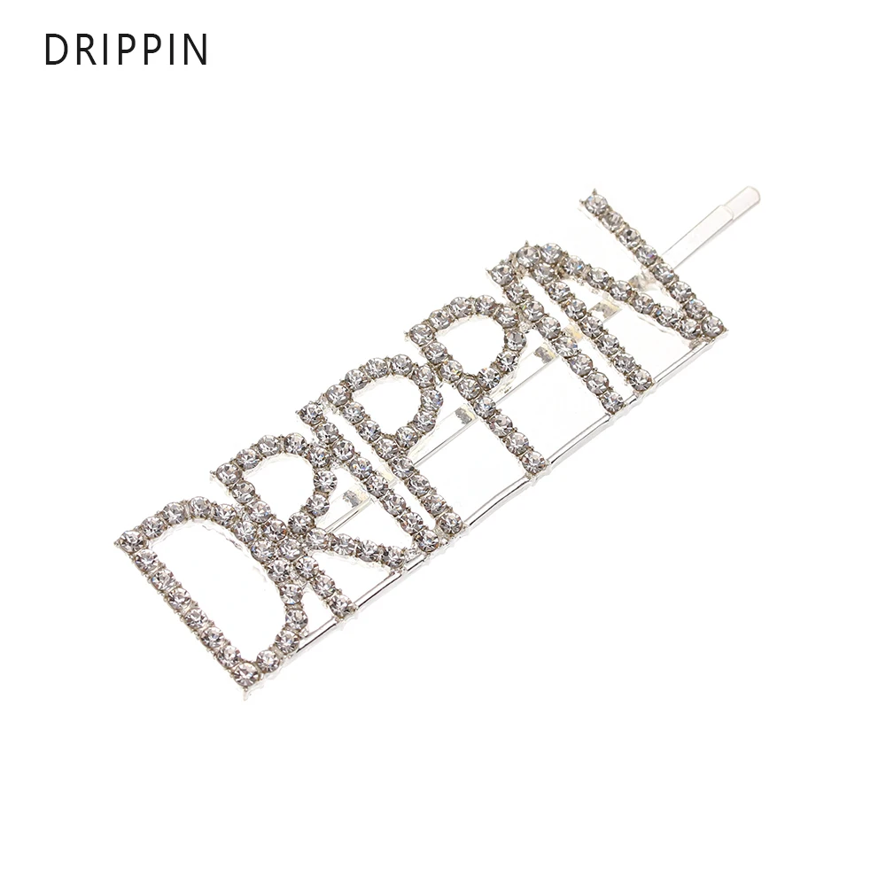 Fashion Crystal Hairpin Shiny Rhinestones GLAM DRIPPIN Letters Hair Clips Hair Accessories for Women Girls - Цвет: DRIPPIN