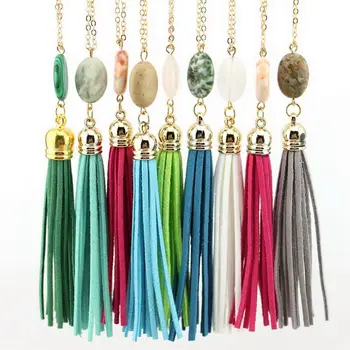 

Cabochon Natural Stone Tassel Necklace Fashion Jewelry Long Chain Leather Velvet Tassel Pendant Necklace Accessories Wholesale