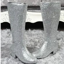 Лидер продаж; недорогие Серебристые блестящие женские ботинки на толстом каблуке для подиума; дизайнерские женские мотоботы