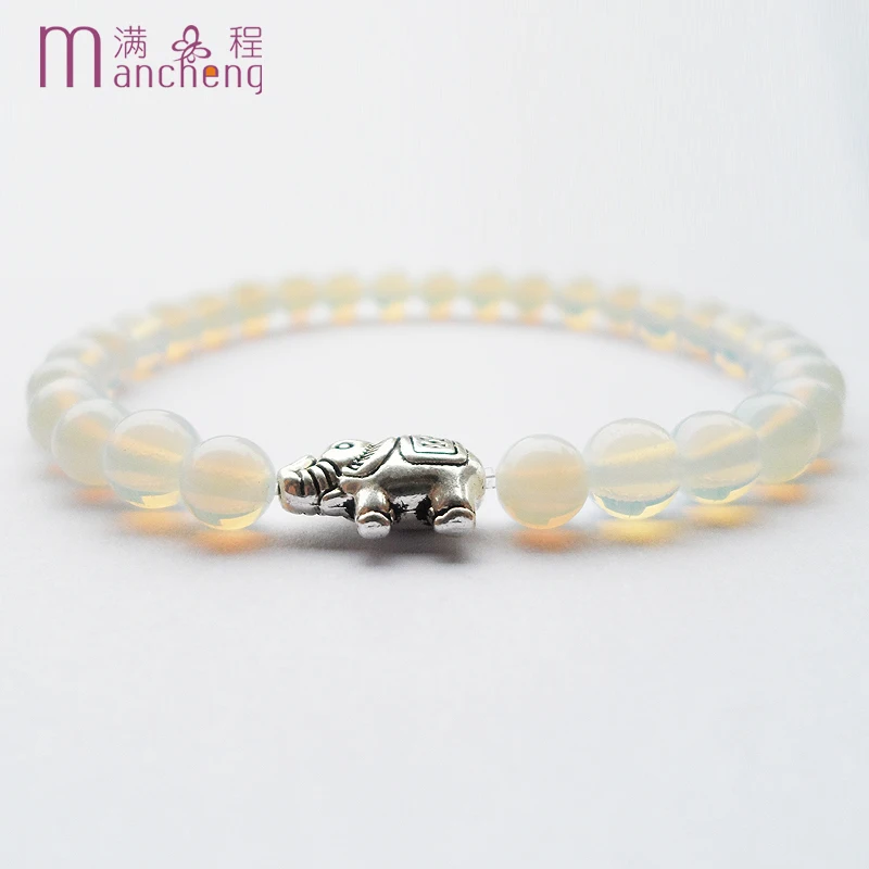 

New Male Ancient silver elephant White opal beads bracelet bangles,Best-selling 6MM natural opal Elephant beads bracelet women