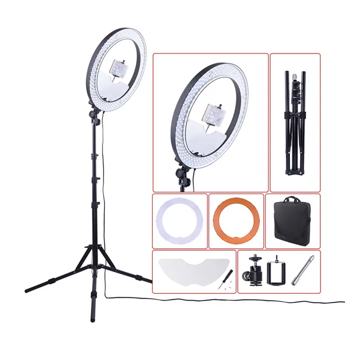 1" кольцевой светодиодный светильник+ подставка подсветка для селфи 55 Вт 5500 к лампы с регулируемой яркостью для камеры фотографии кольцевая лампа с зеркалом/штативом - Цвет: Black