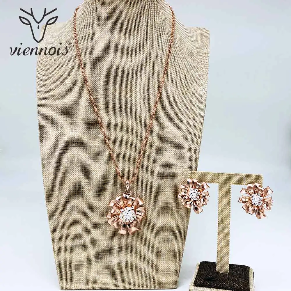 Viennois Rose Gold& Gold Color Stud Earrings Rhinestone Flower Pendent Necklace Set For Women Metal Party Jewelry Set