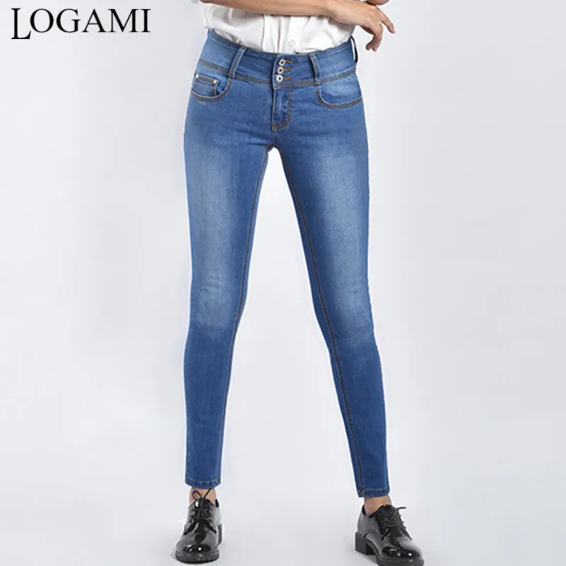 

LOGAMI Midi Waist Button Skinny Pencil Jeans Woman Spring Summer Solid Stretch Denim Pants Women'S Casual Jeans