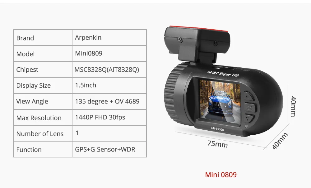 Arpenkin Full HD Автомобильный видеорегистратор обновления Mini0809 2K 1440P с G-senser ночного видения gps Защита напряжения конденсатор DVR