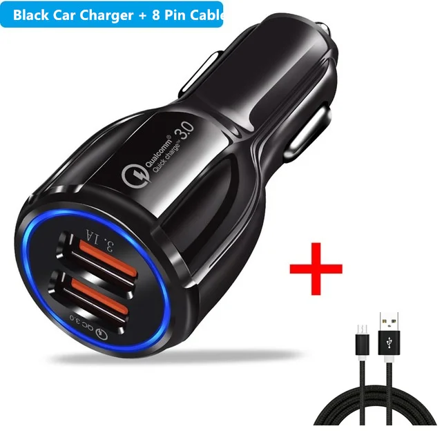 Автомобильное зарядное устройство Dual USB Quick Charge 3,0 2,0 для IPhone XS X 8 IPad samsung S9 S10 Plus Xiaomi QC 3,0 телефон адаптер быстрой зарядки - Тип штекера: Black 8pin Cable