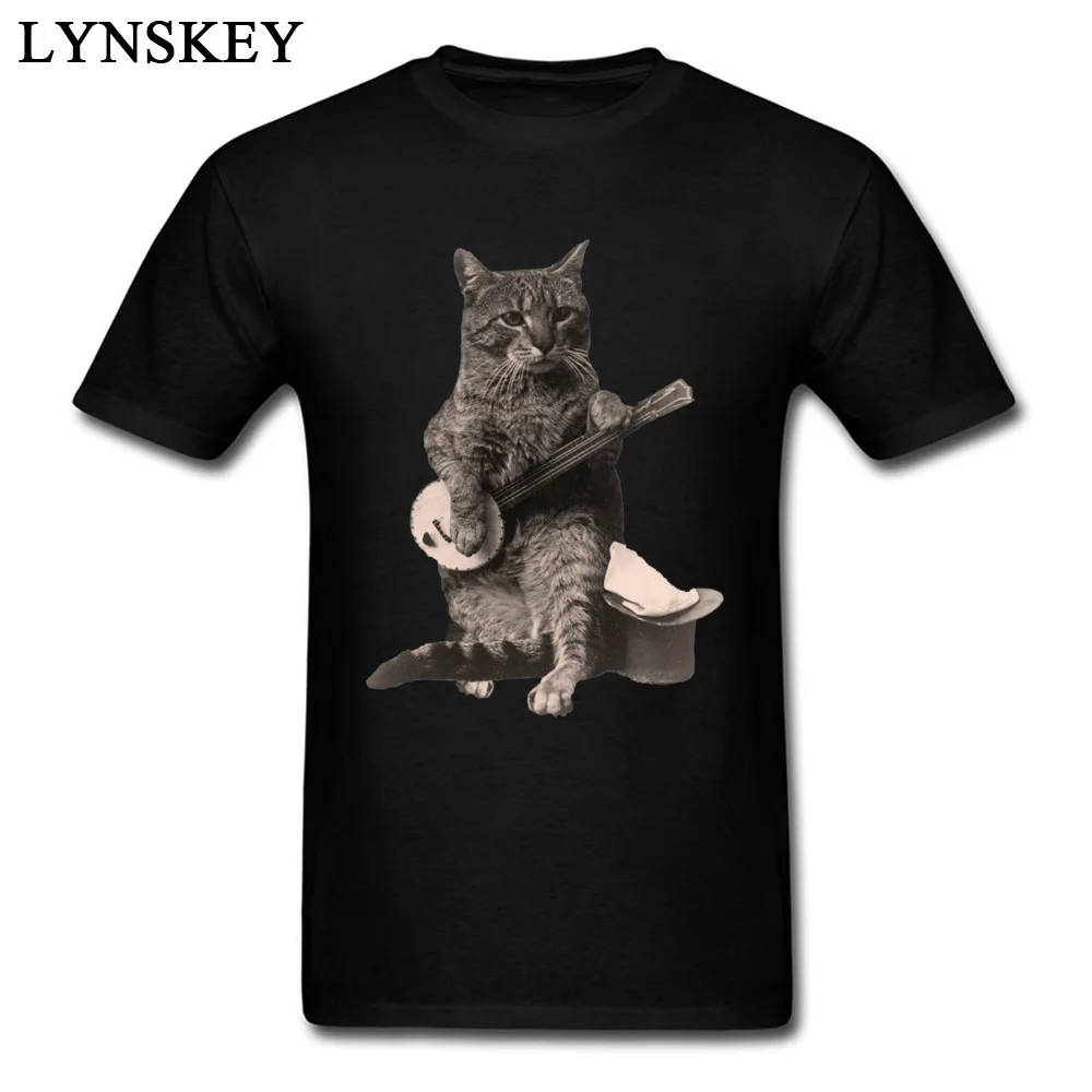 Men's T Shirts Classic Cool Short Sleeve Summer/Fall Tops Shirt Funky Crewneck All Cotton Tee Shirts Cat Playing Banjo Guitar Cat Playing Banjo Guitar black
