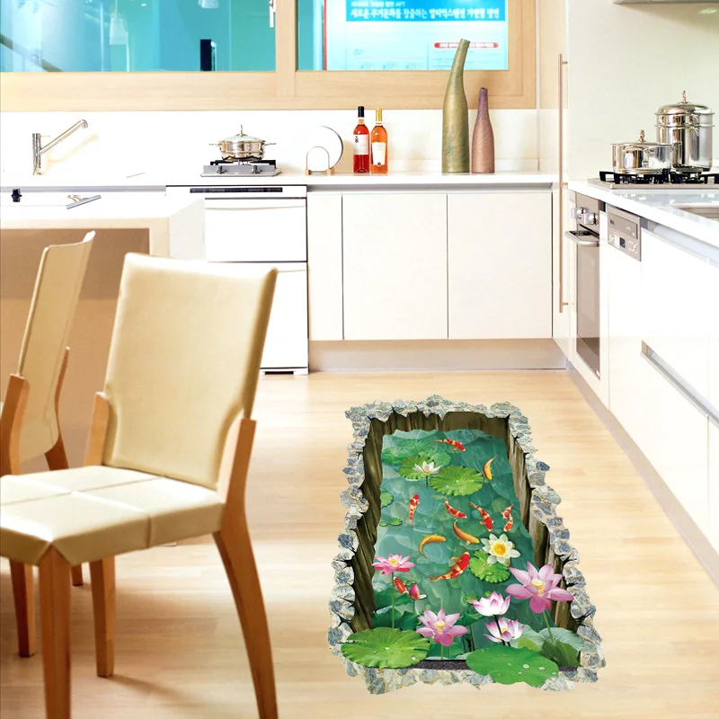 

3D Effect Lotus Pond Fish Bedroom Living Room Vinyl Eco-friendly Removable Wall Bathroom Floor Stickers Decor Mural Poster dc12