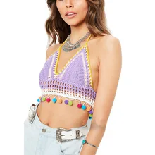 Ручной работы крючком Женский Бикини Топ Boho пляжный бюстгальтер сексуальное вечернее платье с кисточками укороченный Топ Холтер вязаный купальник купальный костюм