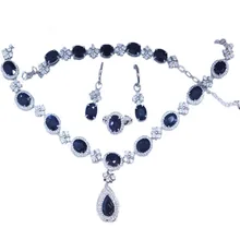 Настоящее Qi Xuan_Trendy Jewelry_luxury темно-синий камень свадебные украшения Sets_S925 Твердые серебряные sets_производитель прямые продажи