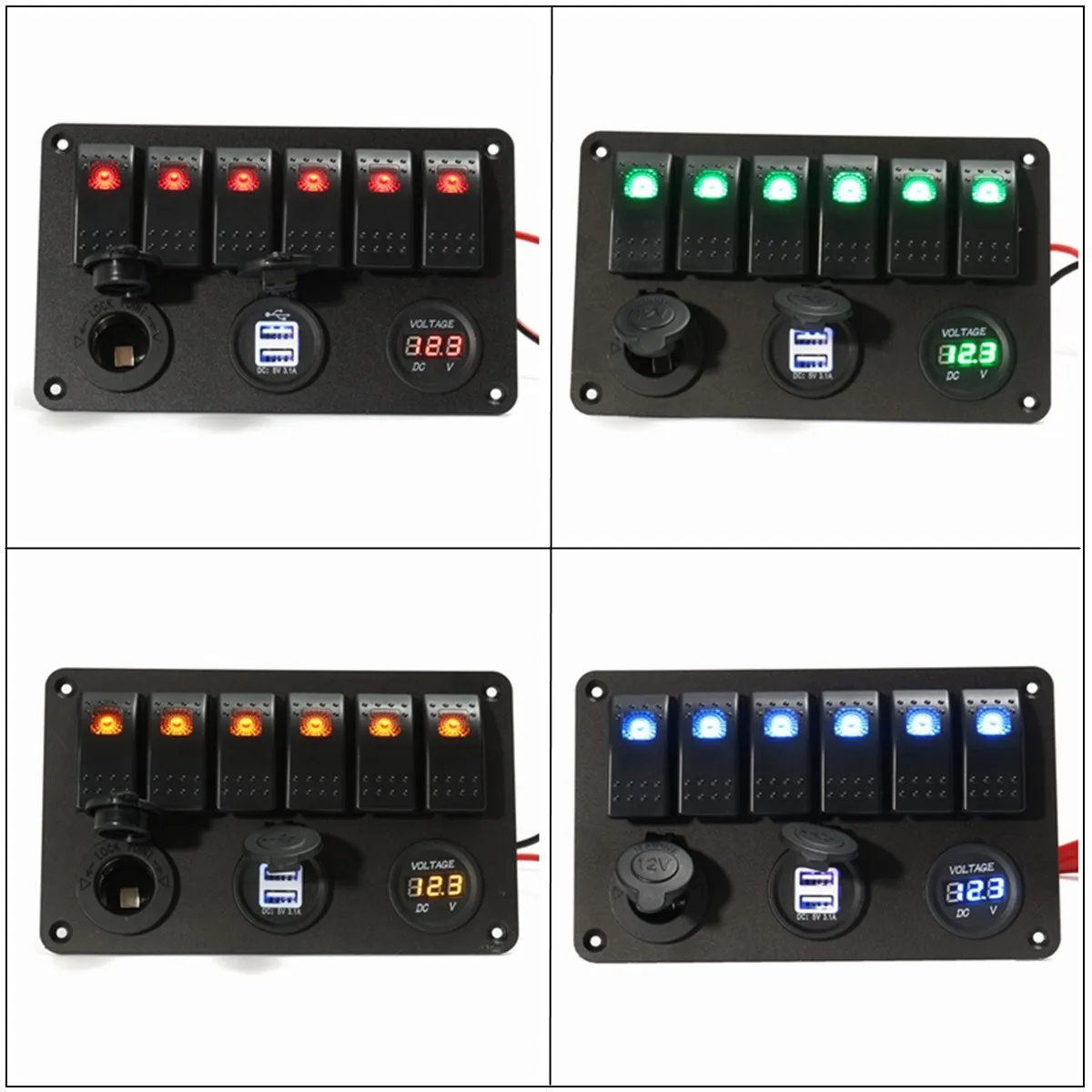 6 Gang 5 Pin 12V 24V LED Rocker Switch Panel Circuit Breaker Charger Dual USB Socket Cigaretter Plug Voltmeter Car Auto Charger