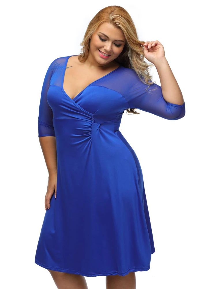 Adogirl 2017 Sexy Big Sizes XXL Mesh Half Sleeves Women Midi Dresses Blue-3