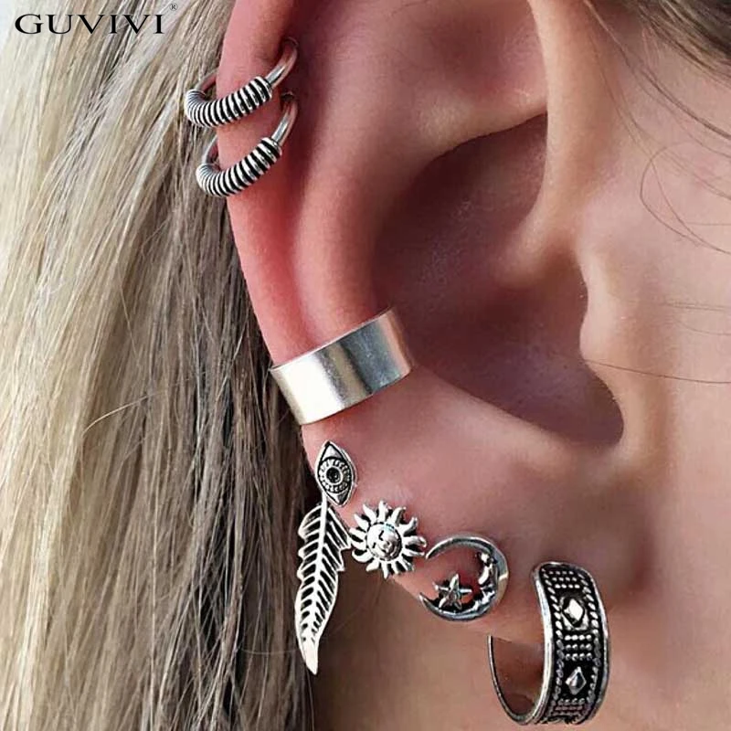

GUVIVI Hot Sell 7pcs Boho Earrings Set Feather Star Moon Tibetan Silver Stud Earrings 2018 New Women Men Cilp Cuff Earring