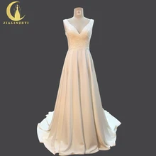 JIALINZEYI Sexy V Neck Fashion Backless High Satin With Pockets A-line Fashion Hot Sale Bridal Wedding Dresses Wedding Gown 2018
