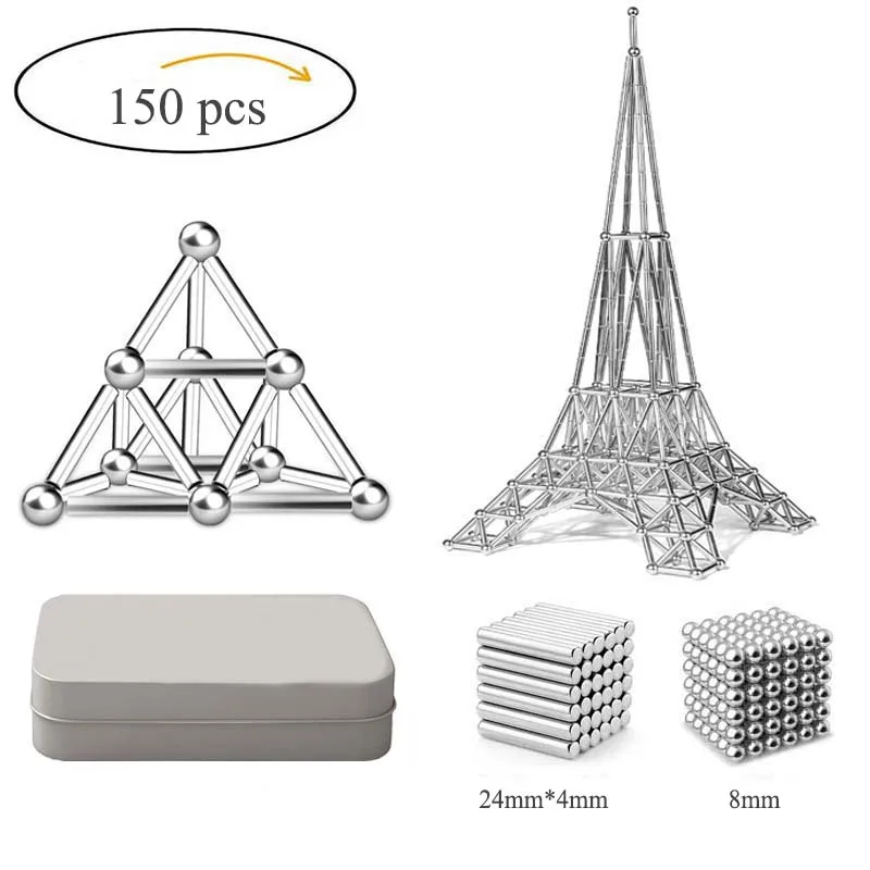 

150Pcs Magnetic construct Building Blocks Magnetic Sticks&Silver balls Accessories DIY Office Puzzle Toys for Adults