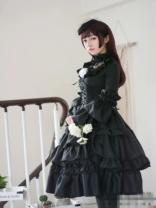 

Gothic Night Lolita Black trumpet sleeves girls sweet cute Miracle Nikki Retro palace Lolita black Dresses Party dress