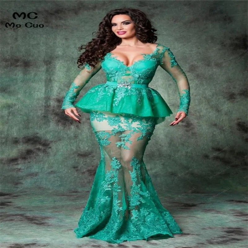 

2018 Backless Arabic Romania Evening Gowns Mermaid Lace Long Sleeves Evening Dresses V-neck Floor Length Sexy Hot Prom Dresses