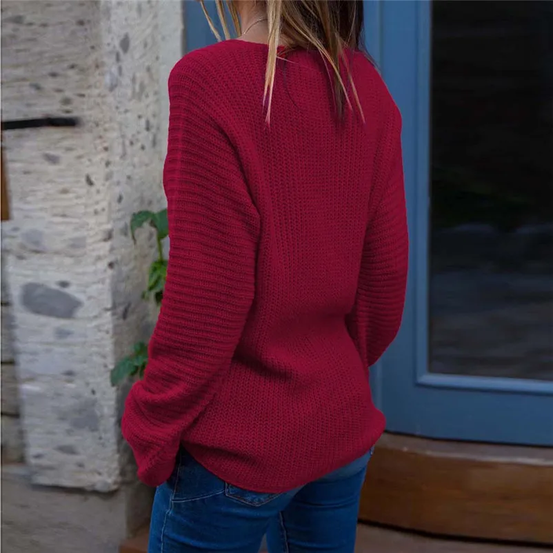Womens Casual Long Sleeve Jumper V Neck Sweaters Blouse Tops Loose knit pullover sweater women winter clothing 2018 N06#N (3)