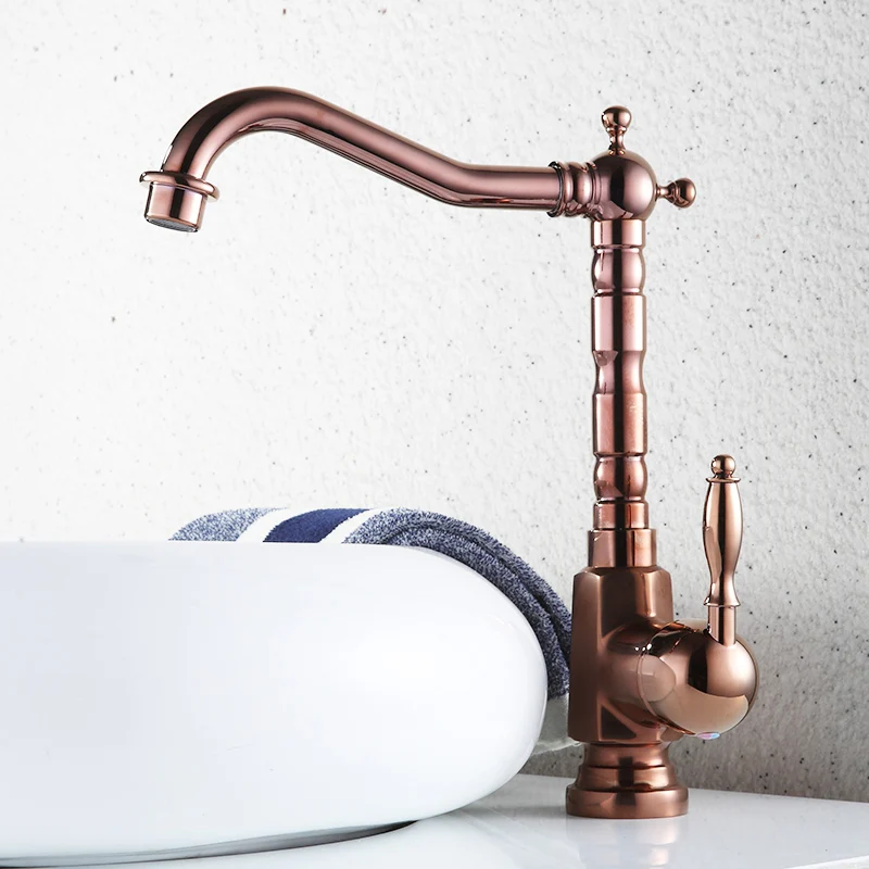 

Rose Golden Finish Bathroom Basin Faucet Single Handle Bathroom Sink Mixer Faucet Crane Tap Brass Hot Cold Water Deck Mounted