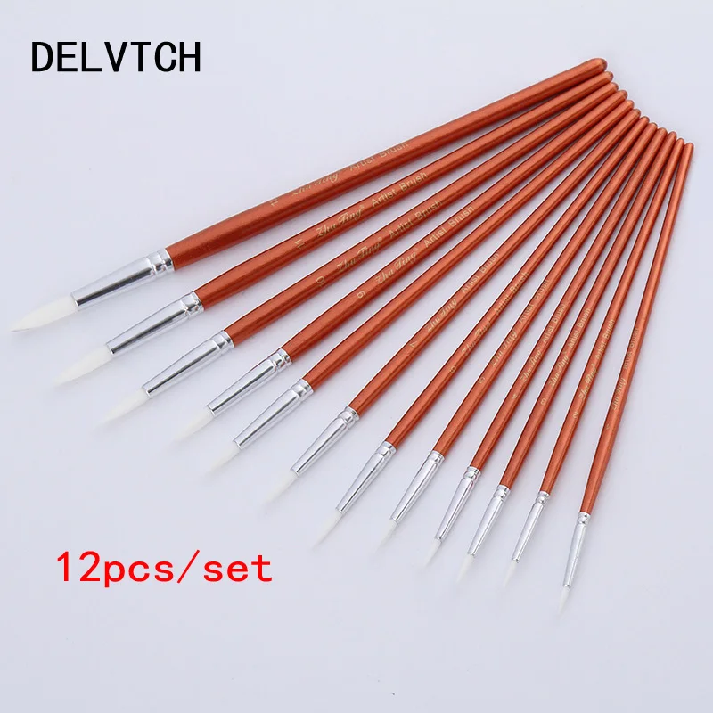 Beste DELVTCH 12 Stks partij Ronde Vorm Nylon Haar Houten Handvat Penseel Set Tool Voor Art School Aquarel Acryl Schilderen Leveringen