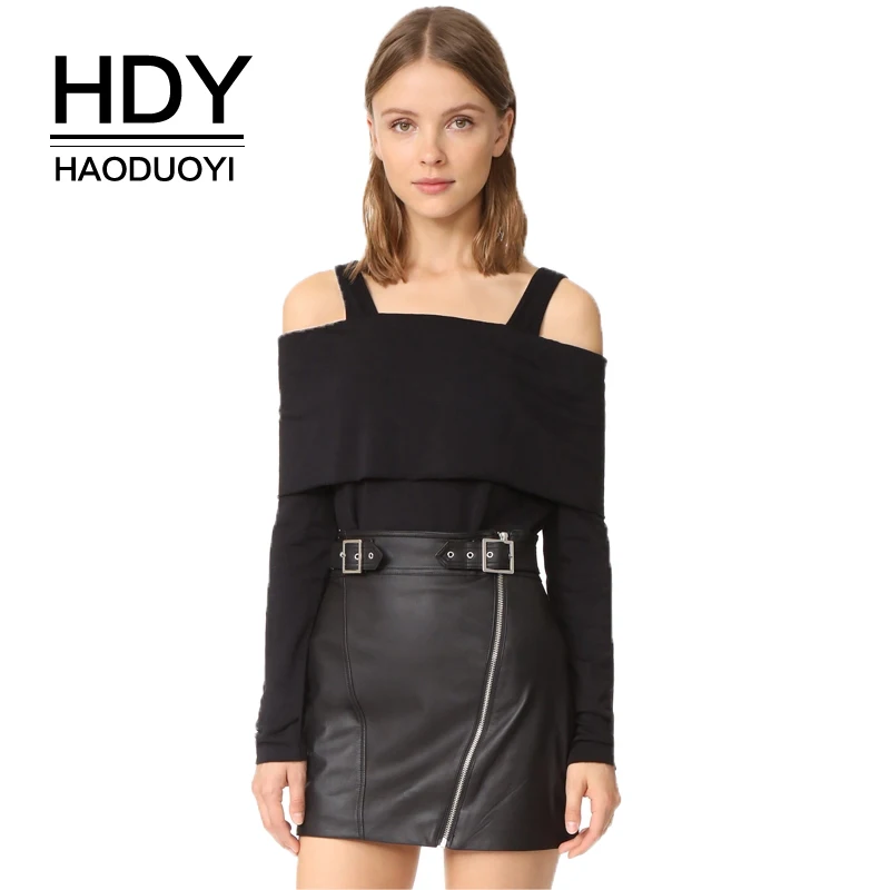HDY Haoduoyi Brand 2017 Women Black Sexy T-Shirt Slash Neck Cold Shoulder Ruffles Female Casual Tees Long Sleeve Tops Lady | Женская