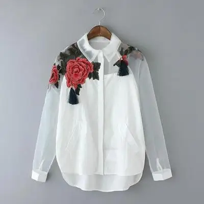 Для женщин Белый Blusas Feminina органзы цветок Вышивка сетки выдалбливают Рубашка с длинными рукавами Блузка Одежда Топы корректирующие плюс Раз...