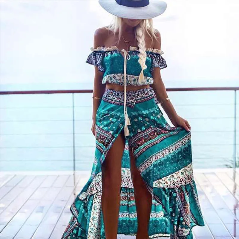 

Boho Print Summer Women Sexy Tracksuit Two Piece Set Slash neck Ruffles Crop Tops+Split Long Skirts Beach Maxi Skirts Suit W2112