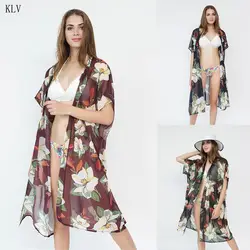 Для женщин Открытый лето рубашка с короткими рукавами Купальник Cover Up Ретро темно Цветной цветочным принтом накидка-кимоно Макси по колено