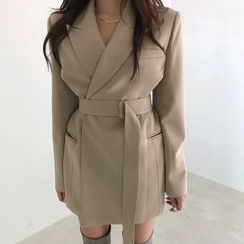 Women Spring Sashes Office Blazer Jacket None Button Work Office Lady Suit Casual Slim Turn Down Collar Blazer Coat Outwear