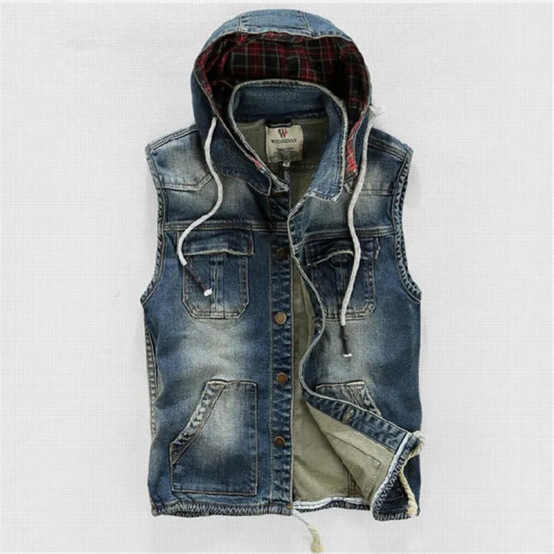 Men' Hooded Denim Vest Male Plus Size Casual Jeans Vest 2016 New High