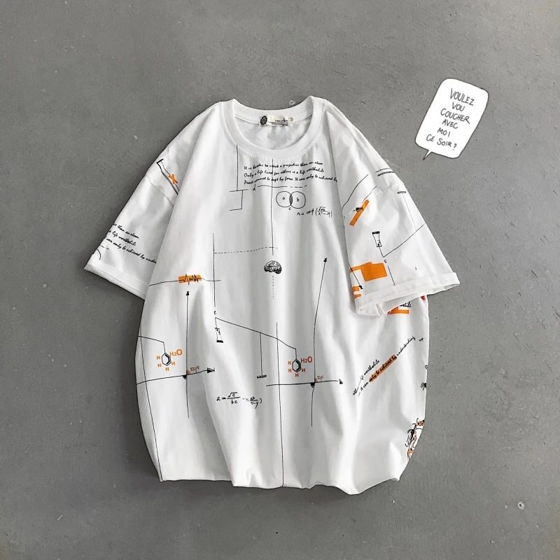 

2019 Summer New Japanese Trend Original Graffiti Printing Couple Round Neck Short Sleeve Cotton Loose Casual T-shirt