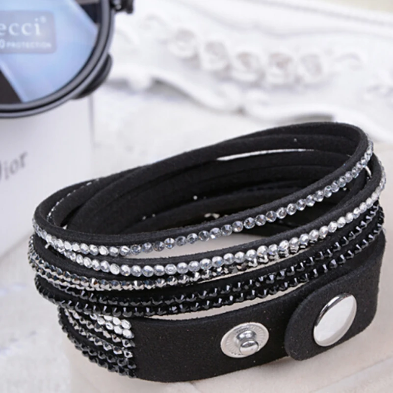 

Crystal Bracelets for Women Jewelry 2018 Wholesale Rhinestone Black Multilayer Wrap Leather Snap Bracelete Feminino