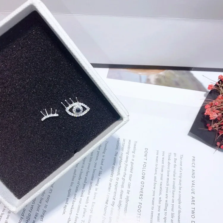 eye asymmetric full cz earrings 925 silver post Hypoallergenic fadeless alloy fashion jewelry stud earrings for women girl gift