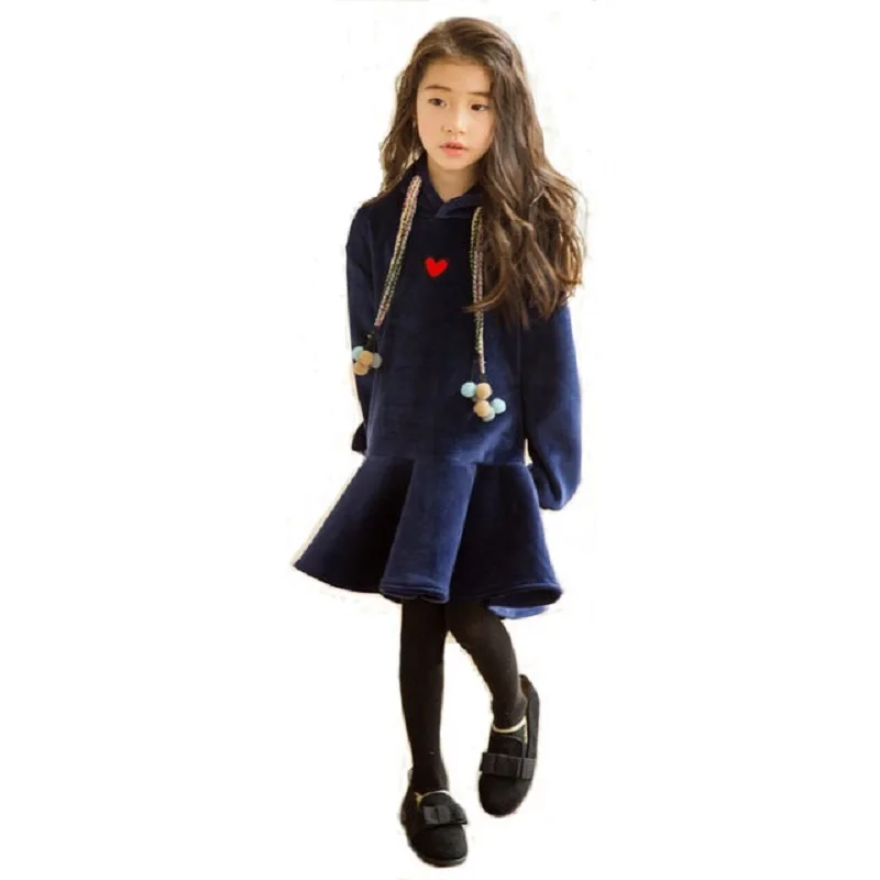 Girls Dress Autumn 2018 New Two-sided Silver Fox Velvet Kid Ruffles Children Heart Pattern with Hooded Toddler 6 8 Y | Детская одежда и