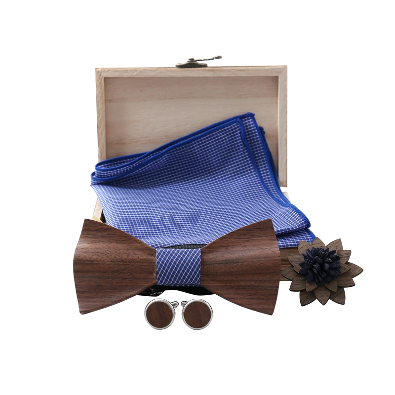 

2019 New Classical Eco-friendly Natural Wood Raised Bow Tie Plaid Handkerchief Wooden Corsage Set Logo Customized T304SQ