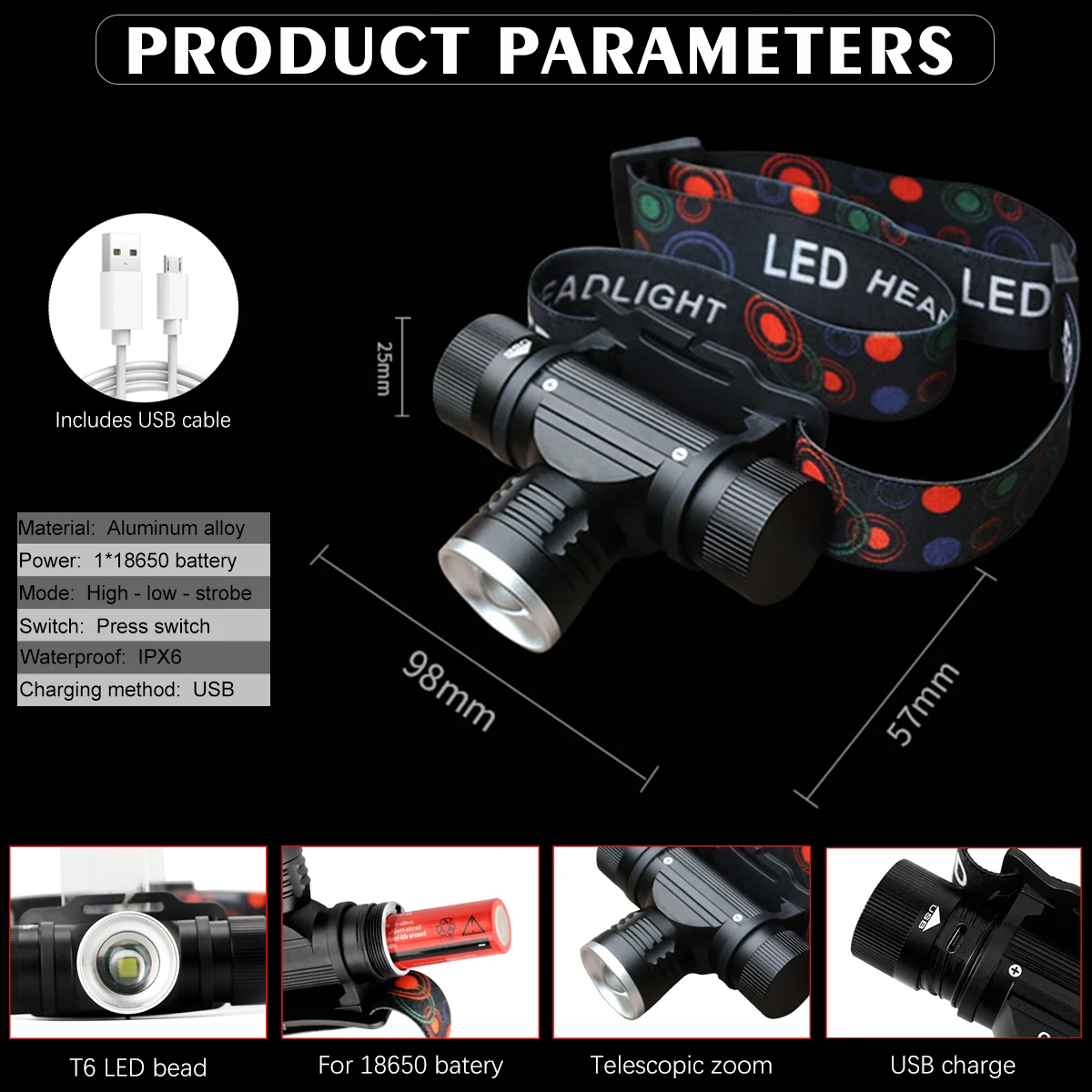 Налобный фонарь T6 светодиодный супер яркий 3 лм зарядка USB 18650|Налобные LED-фонари| |