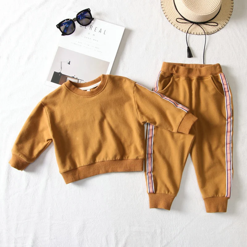 Children Tracksuits for Girls Solid Color Crew Neck Long-sleeved Sweater T-shirt Trousers Set Children's Casual Kids Clothes | Детская