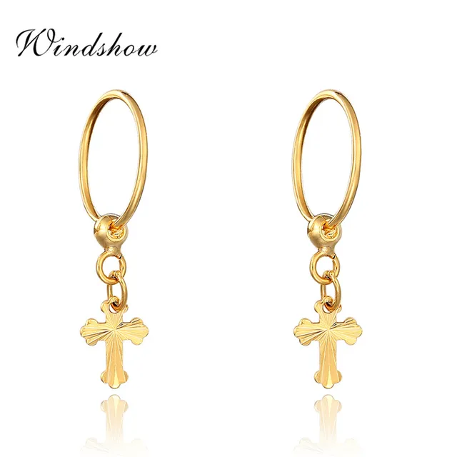 Yellow Gold Plated Cross Drop Charms Round Circle Huggie Small Hoop Yellow Gold Plated Cross Drop Charms Round Circle Huggie Small Hoop Earrings For Women Children Kids