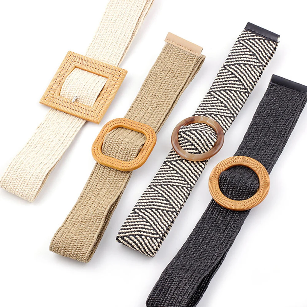 

Summer Elastic Imitate Woven Straw Waist Belts Square Buckle Adjustable Woven-straw Waistband Bohemian Beach Dress Belts 2019