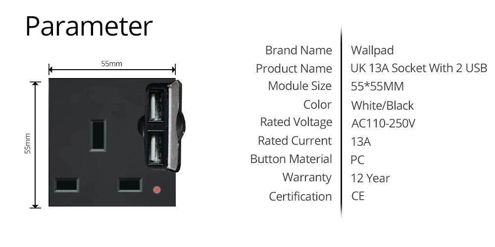 Адрель Люкс 2 USB 3 Pin Великобритания Сетевая розетка функциональный ключ для стены белый и черный пластиковый модуль только