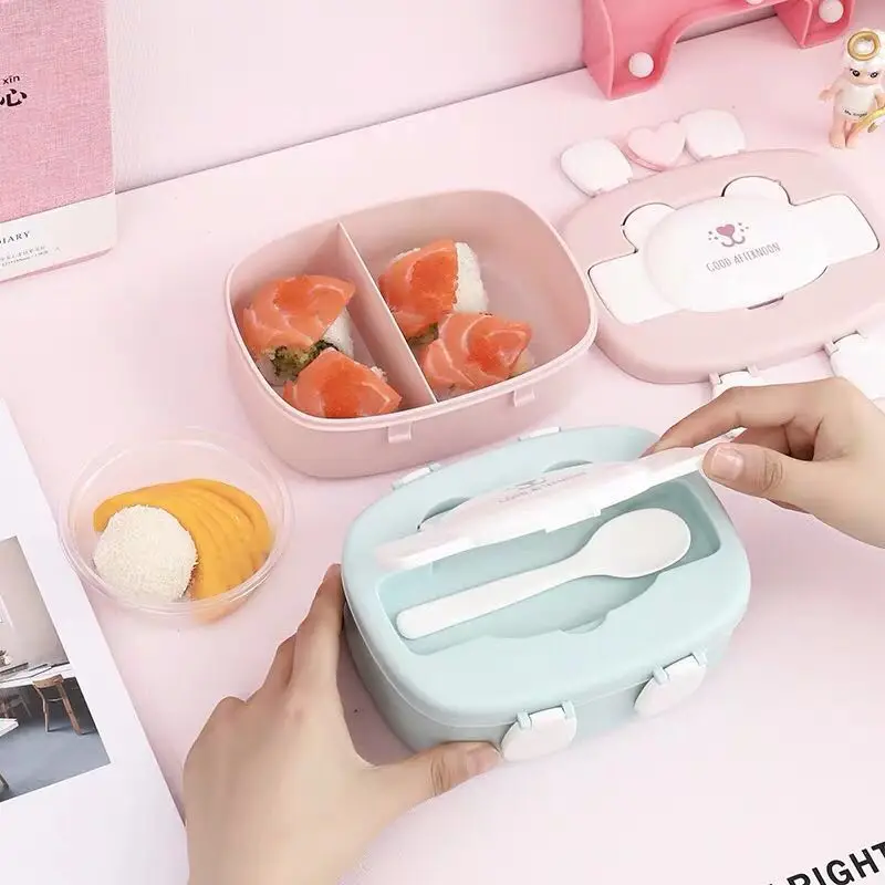 Детские Мультяшные милые коробки Bento, двухслойный пластиковый Ланч-бокс, контейнер для хранения еды, микроволновая печь для детей и школьников
