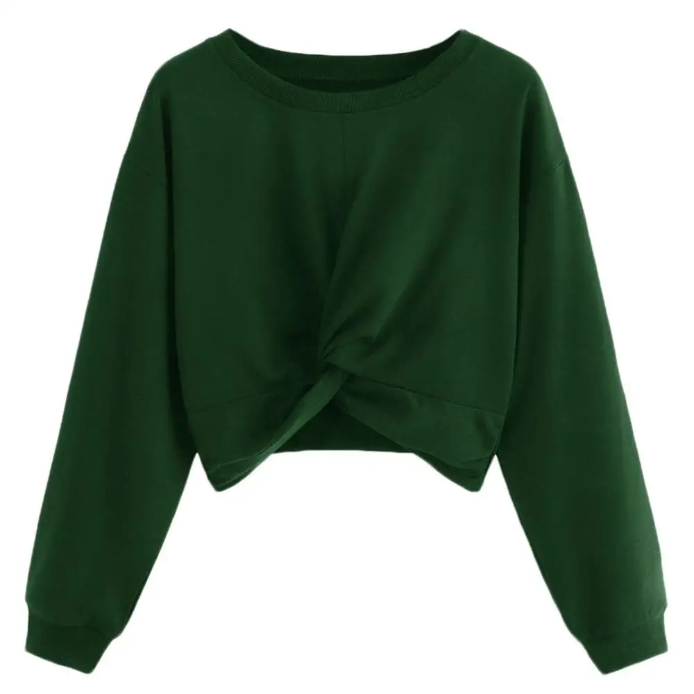 Женская футболка размера плюс, осень, длинный рукав, твист, сплошной цвет, Круглый ворот, сексуальный укороченный топ, Женский Повседневный пуловер, рубашка для уличной носки - Цвет: Зеленый