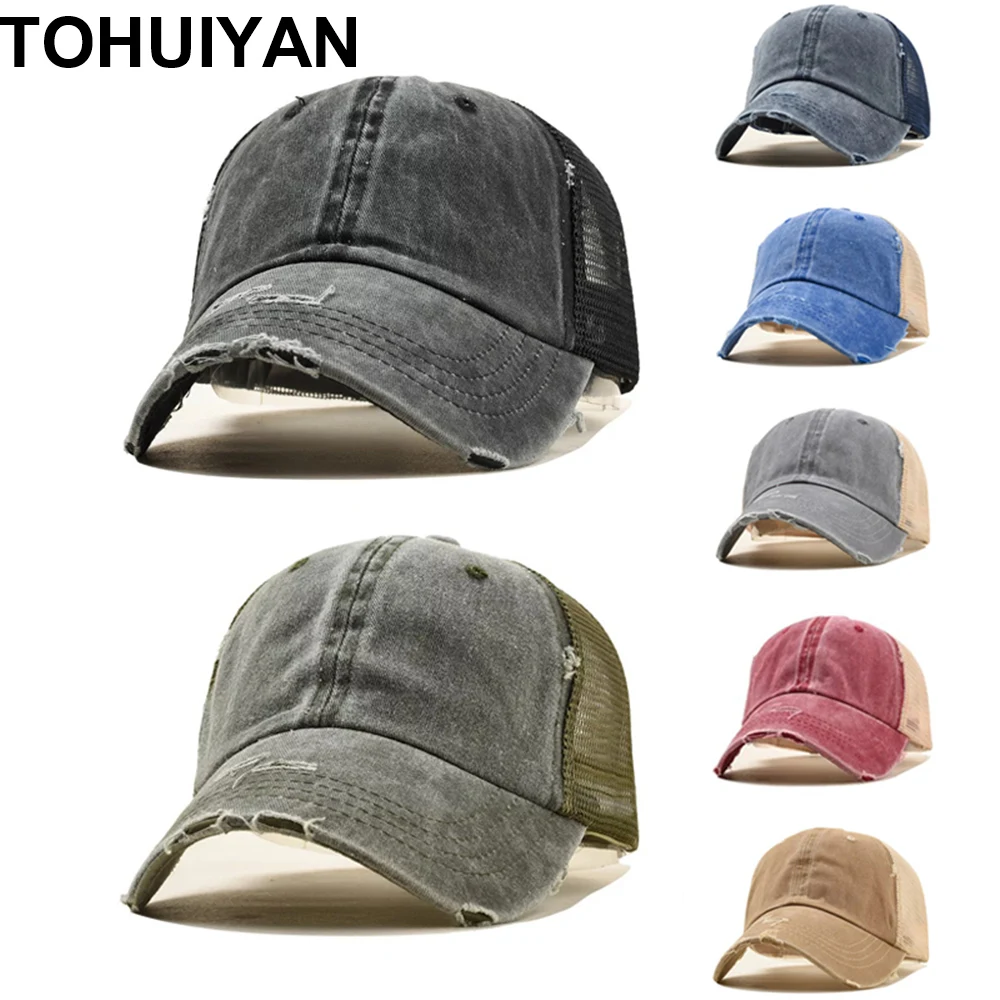 

TOHUIYAN Summer Washed Baseball Cap Men Vintage Snapback Hats Casquette Bone Mesh Trucker Caps For Women Ponytail Fitted Hats