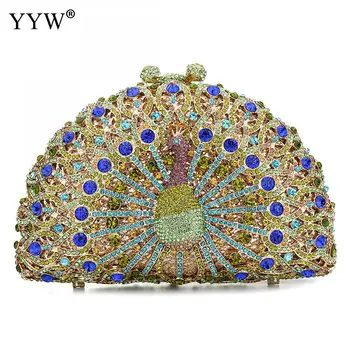 

Clutch bags with chain party wedding luxury Fashion Mini Diamonds Rhinestone Women Peacock Feather Pattern Crossbody Bags Women