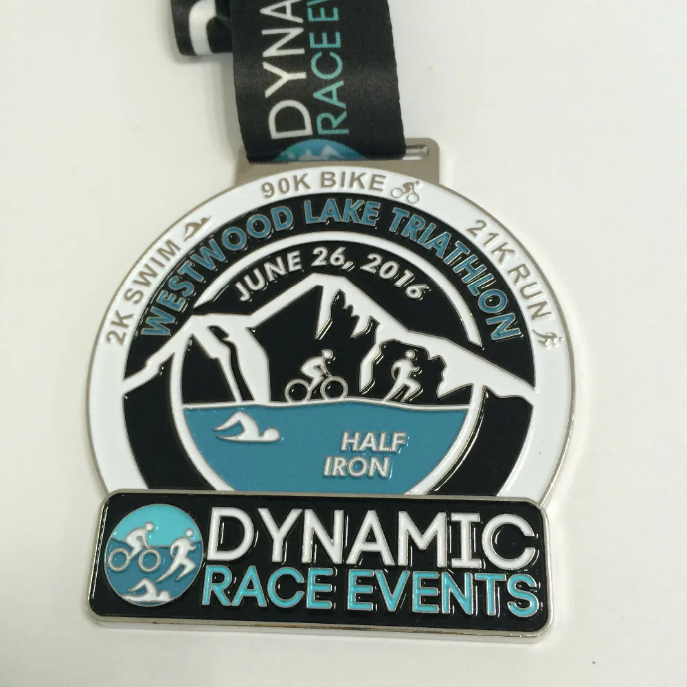 

custom marathon medal engraved with custom design in silver with custom ribbon--250pcs