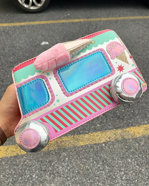 New Cute Cartoon Ice Cream Car Color Stripe Pu Young Girl's Shoulder Bag Handbag Crossbody Mini Bag Women Pouch Totes Bag Flap