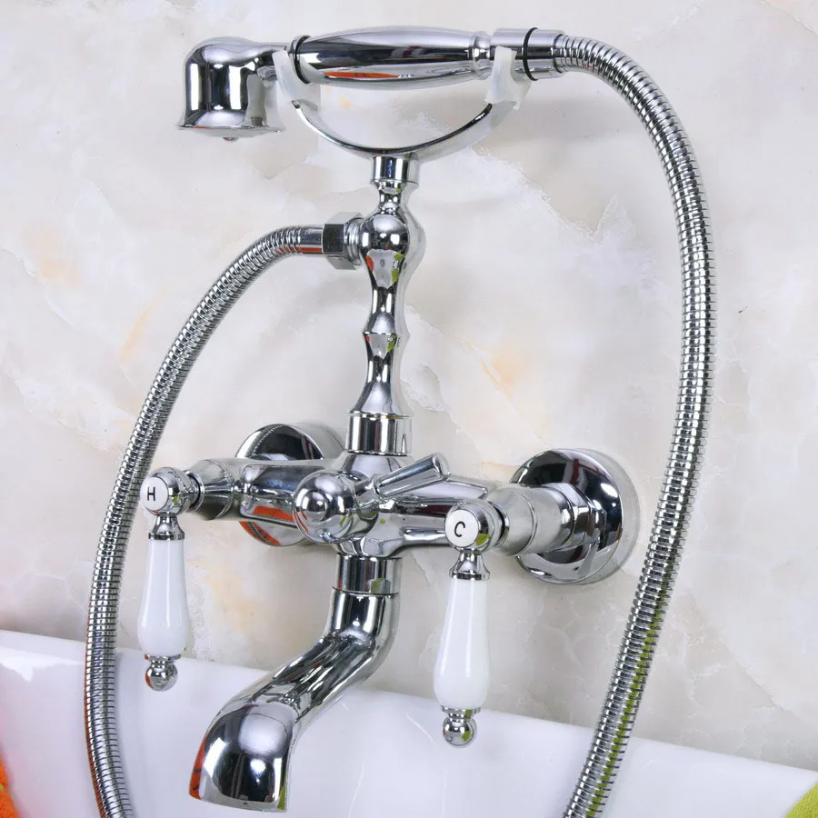 

Polished Chrome Brass Double Ceramic Handles Wall Mounted Bathroom Clawfoot Bathtub Tub Faucet Mixer Tap w/Hand Shower ana201